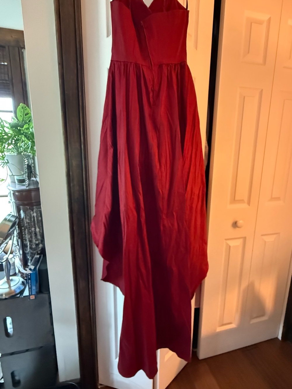 B. Smart Crimson High-Low Evening Gown